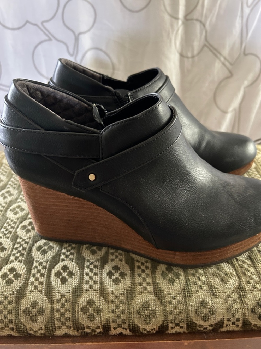 Dr. Scholl's Black Faux-Leather Wedge Ankle Booties with Wood-Effect Platform